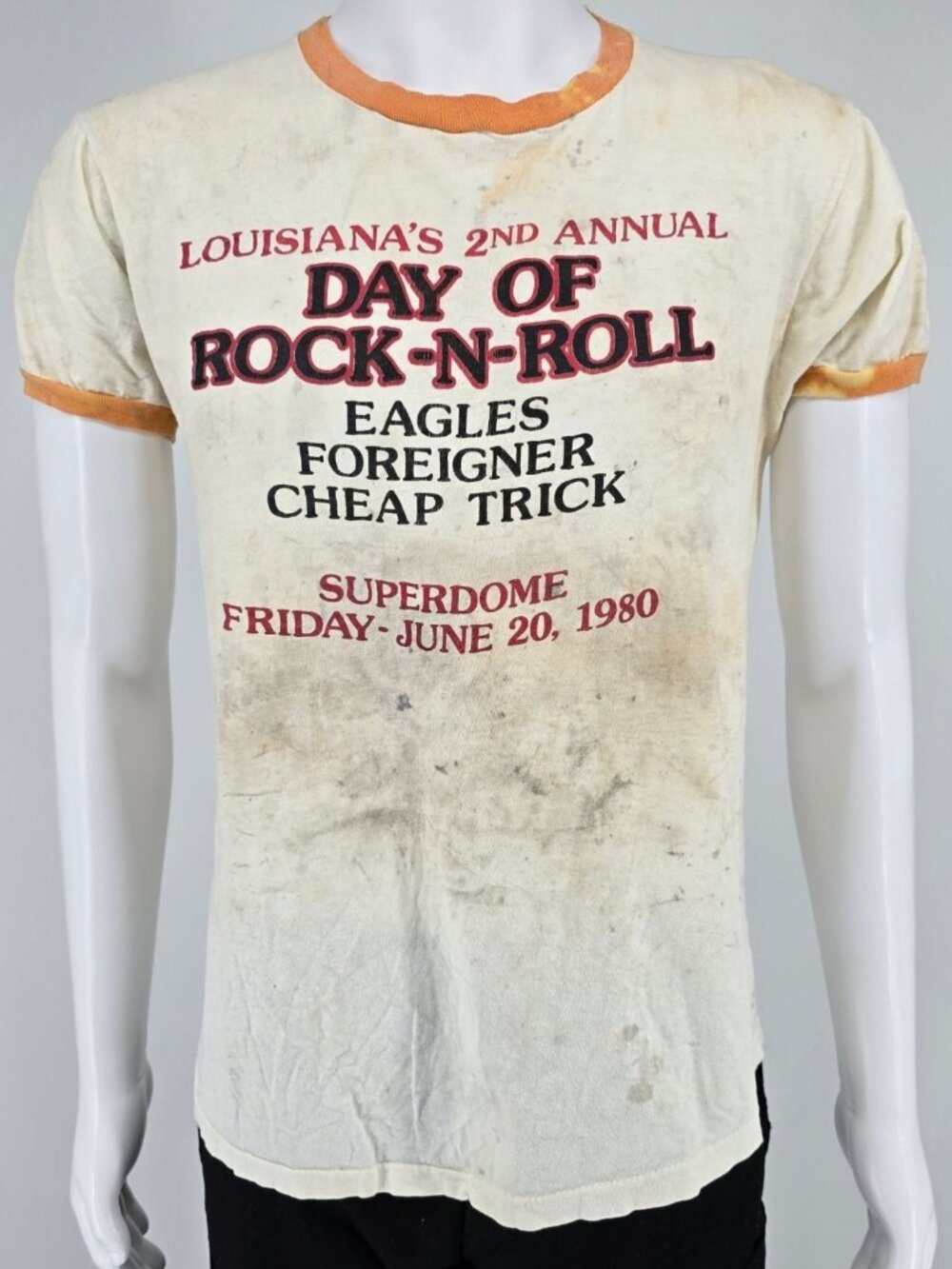 Thrashed Vintage 1980 Louisiana Day of Rock-N-Roll Concert Ringer Tee (M)